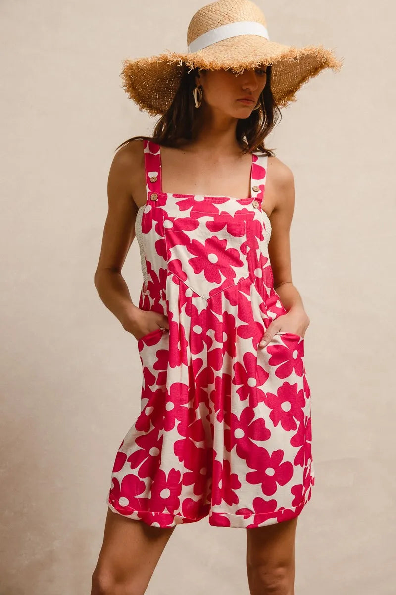 BiBi Floral Prints Tuck Detail Short Overall With Pockets