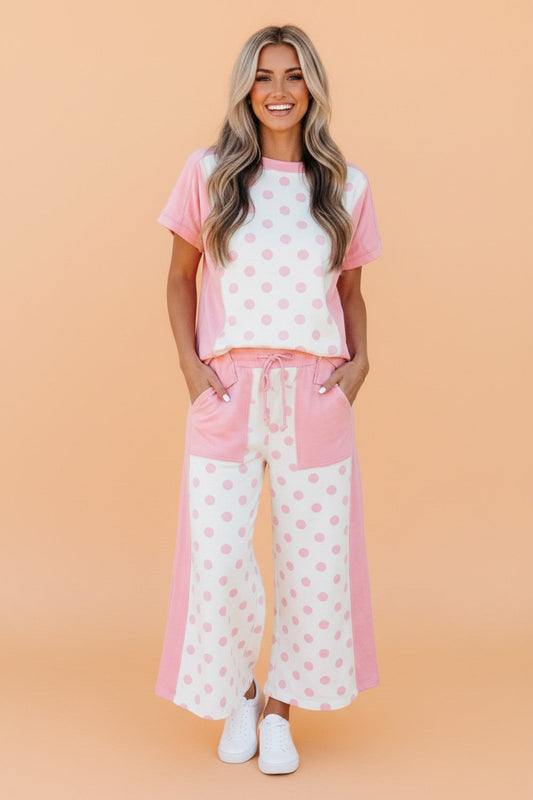 Polka Dot Colorblock Top & Wide Leg Pants Set
