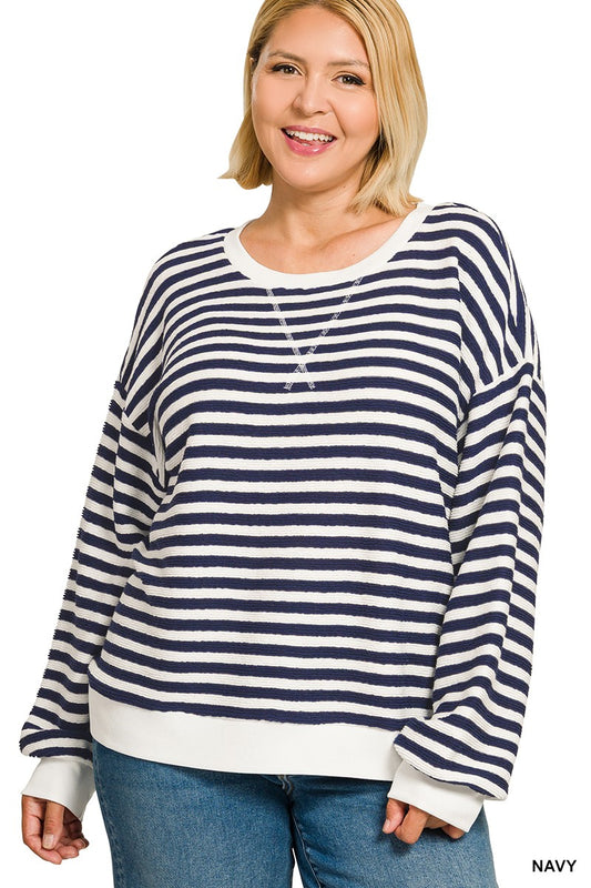 Zenana Plus Size Striped Rib Pull Over