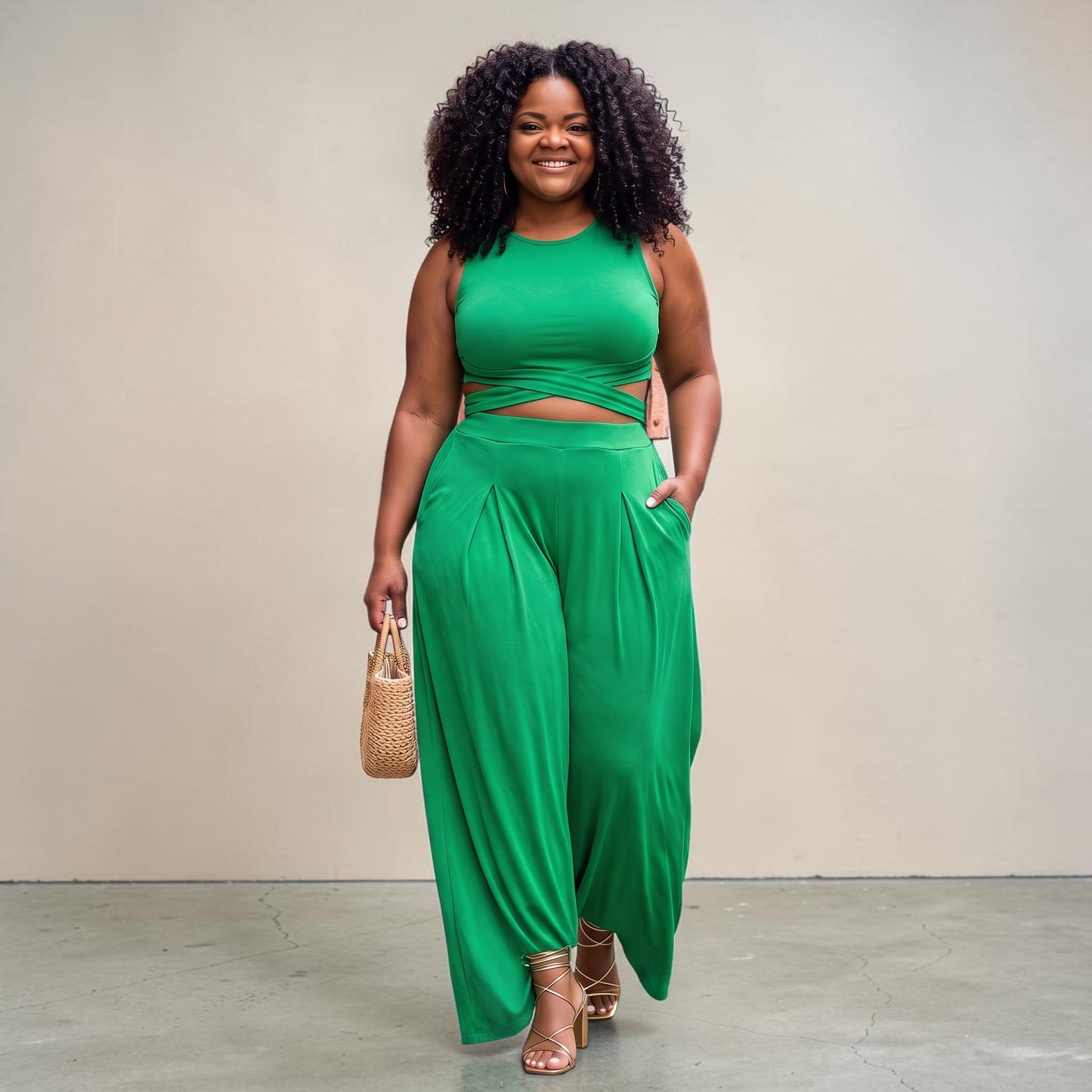 PLUS SIZE WRAP TIE CROP TOP & WIDE LEG PANTS SET