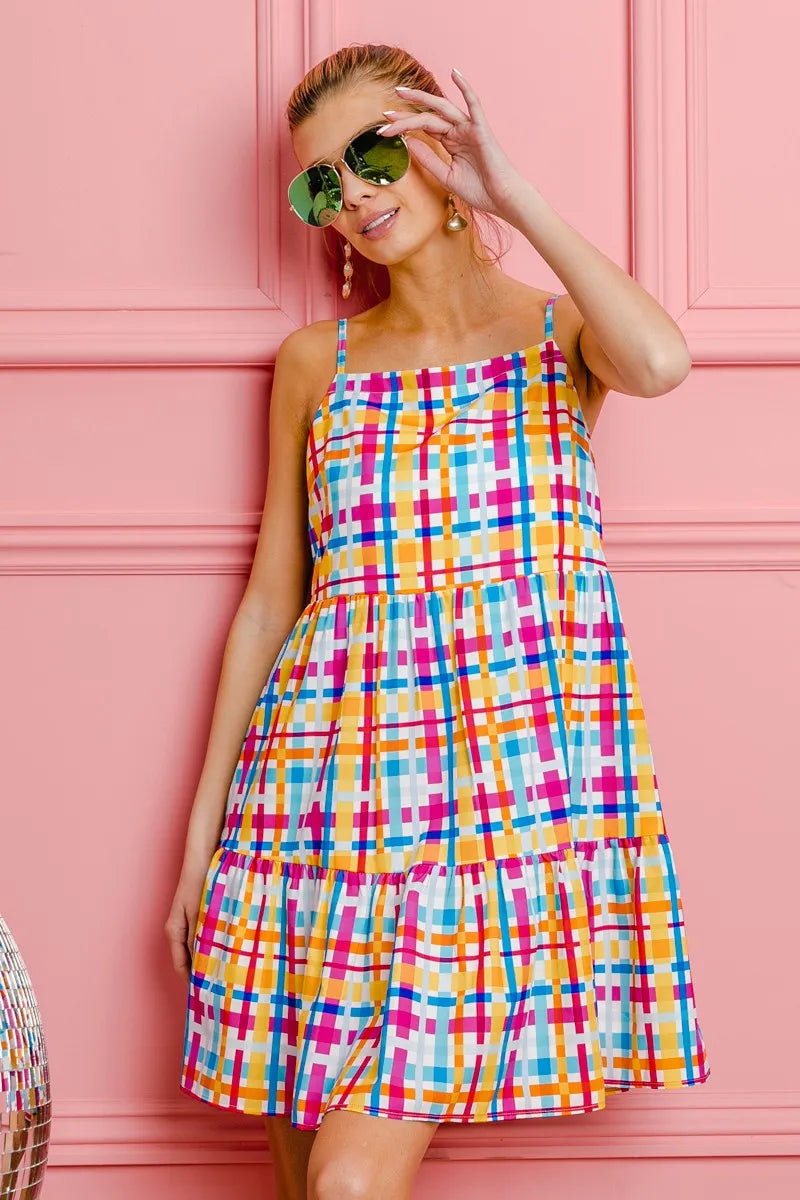 BiBi Multi Colors Plaid Sleeveless Sun Dress