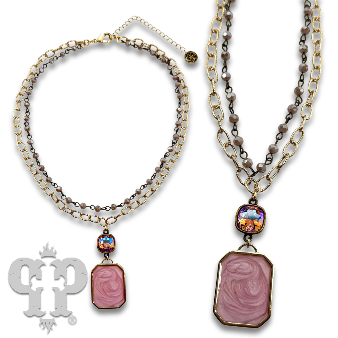 Pink Panache Brands - Double strand necklace with Austrian crystal pendant