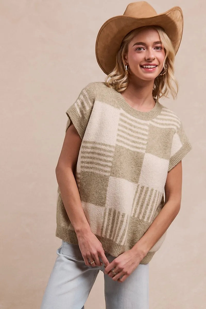 BiBi Checker With Stripes Pattern Sleeveless Sweater