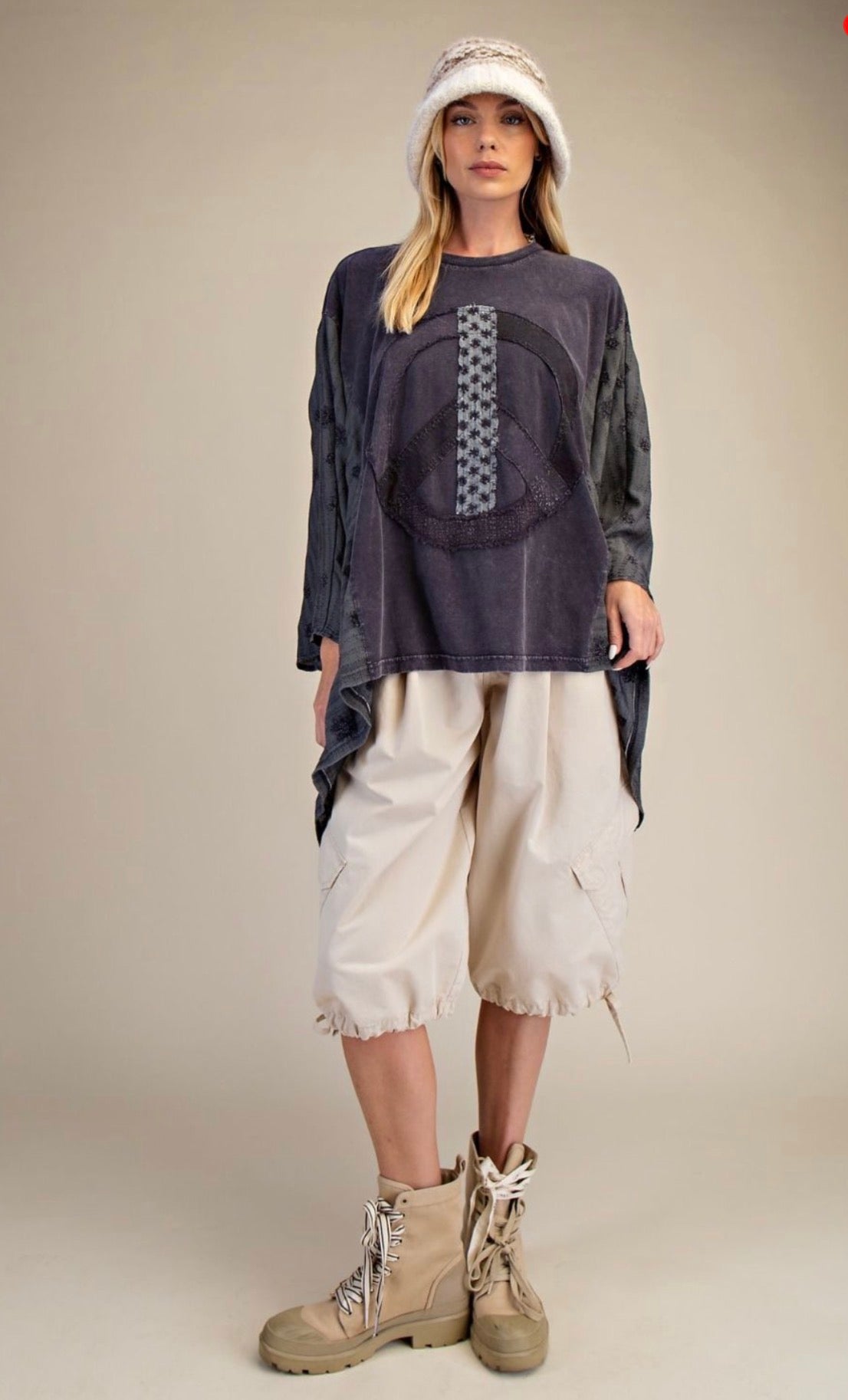 E12 Easel Black Mineral Washed Peace Sign Poncho Top