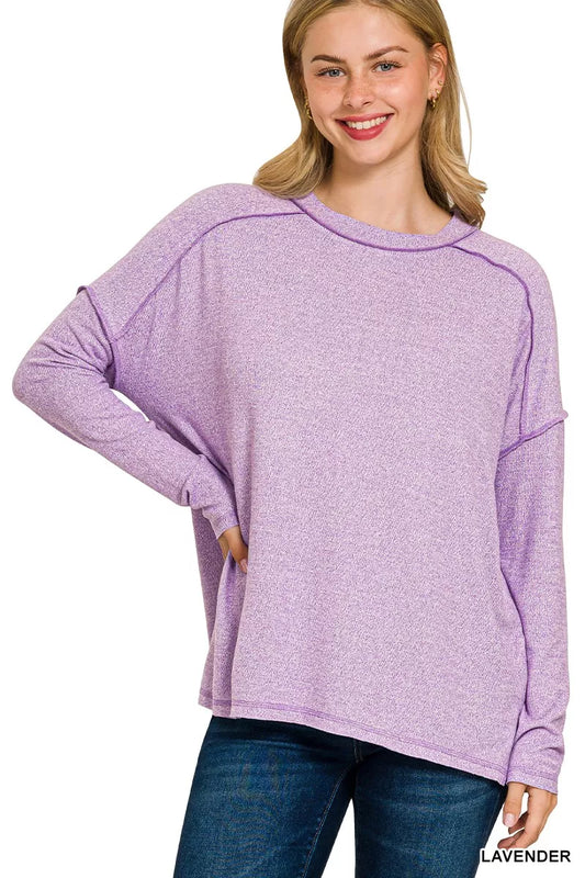 Zenana Full Size Melange Hacci Exposed Seam Hi-low Tee Plus Size