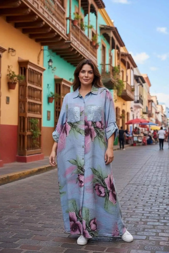 Italian Petals & Linen Dress Fits up to 2X