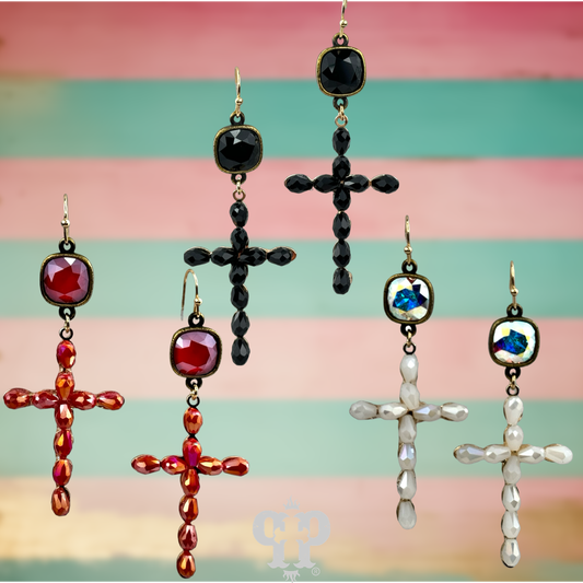 Beaded cross earring, Austrian crystal - LC