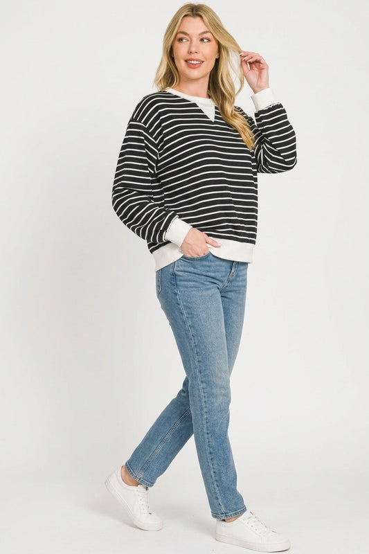 Zenana Striped Rib Banded Sweatshirt