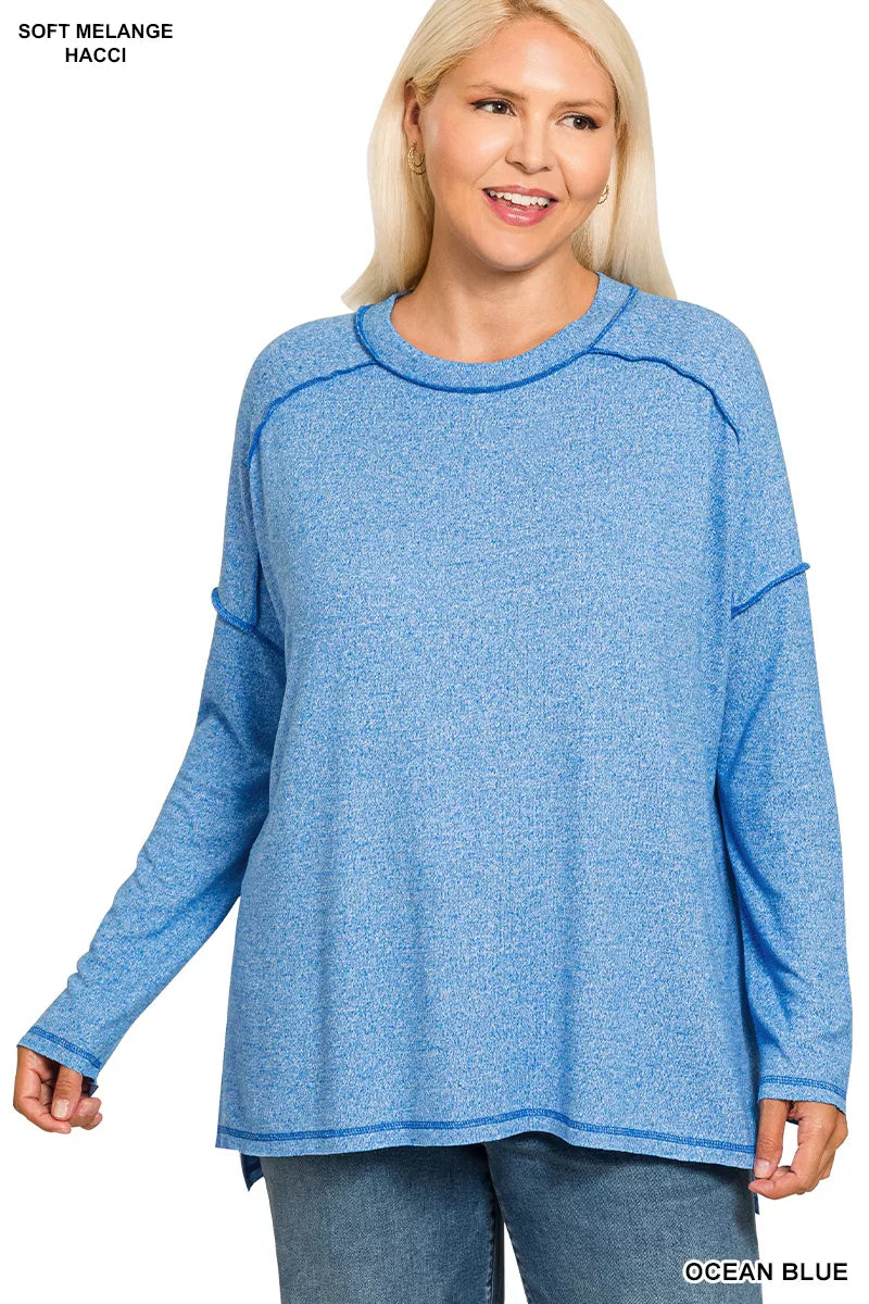 Zenana Full Size Melange Hacci Exposed Seam Hi-low Tee Plus Size