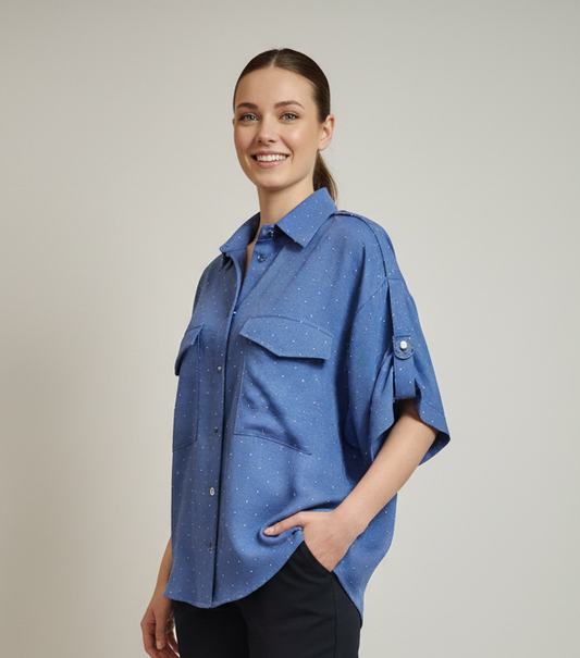 Plus Size Crystal Elegance Matching Short Set in Denim Blue