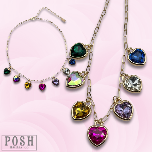Pink Panache - Multi-color Rhinestone Heart Charm Necklace