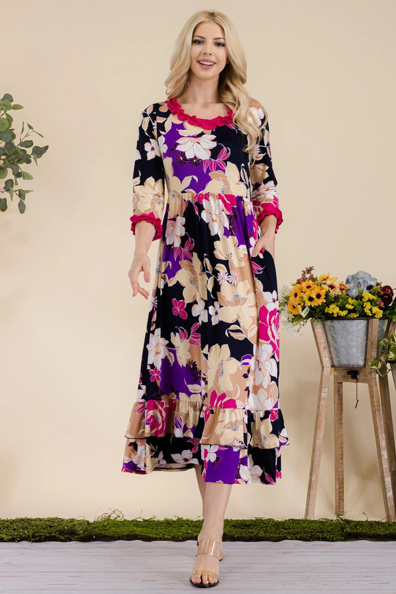 C1 Celest Floral Ruffle Midi-Dress with 3/4 Sleeves Plus Size