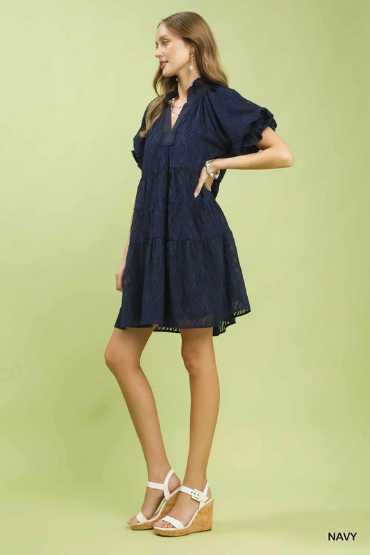 Umgee Textured Tiered Ruffle Collar Mini Dress
