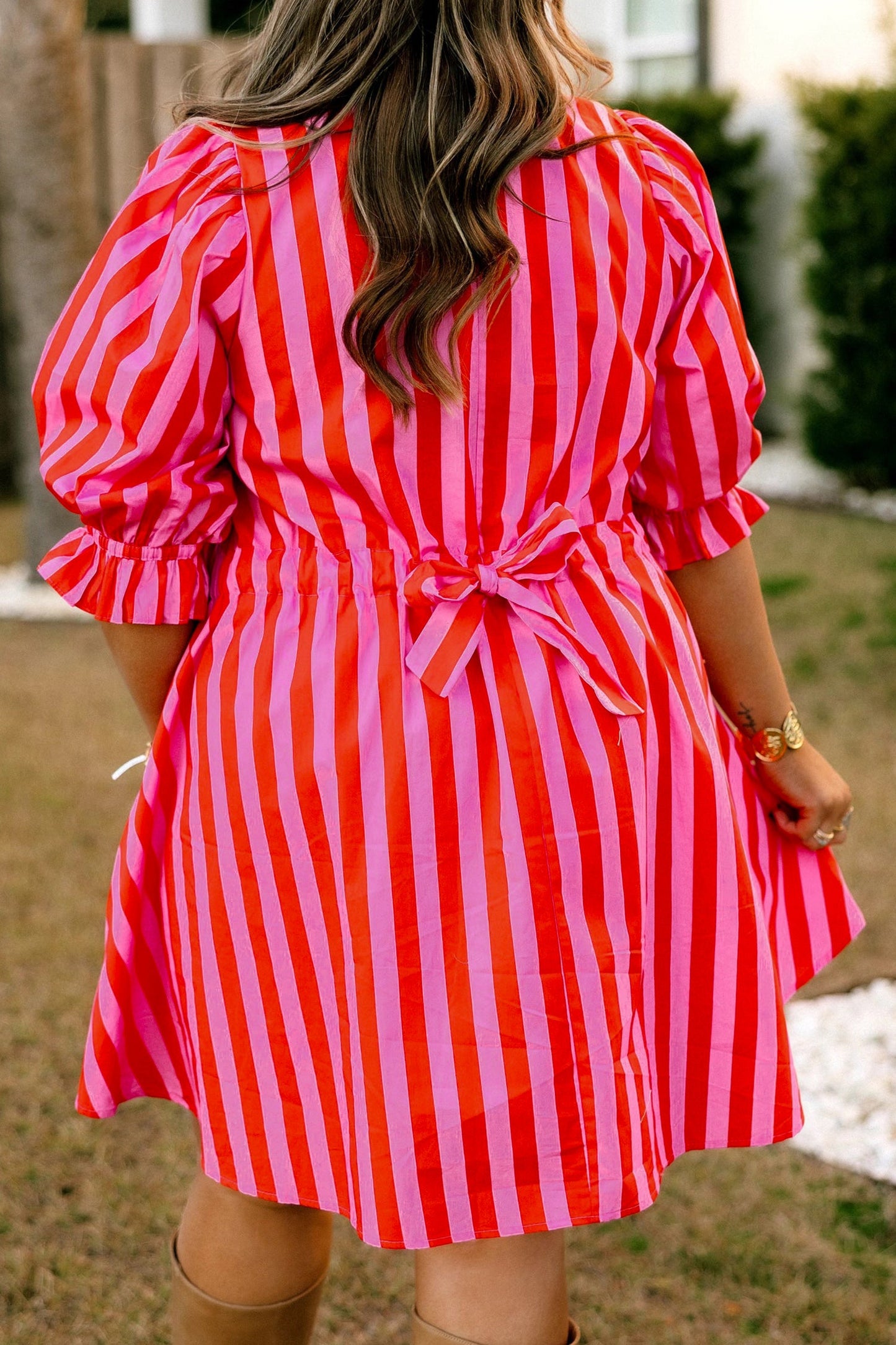 Plus Size Stripe Frilled Collar Button Mini Dress