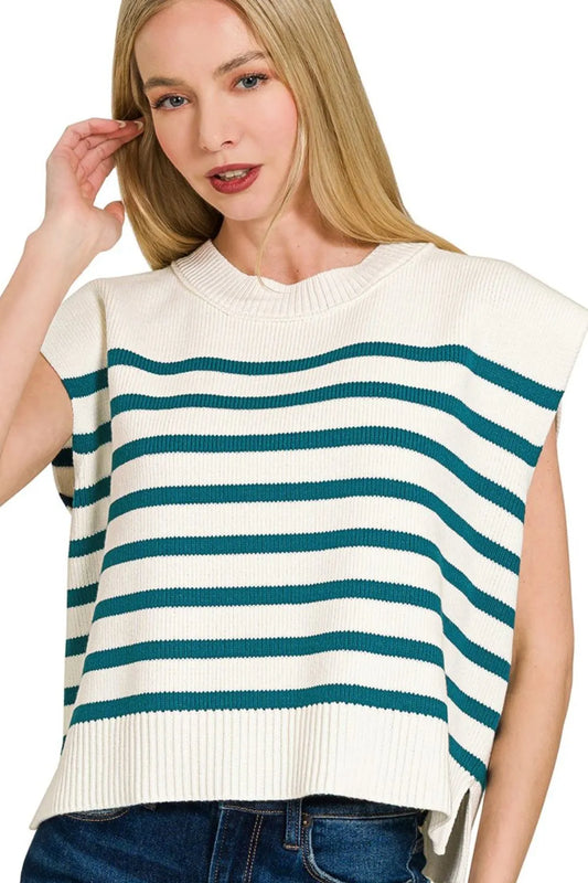 Zenana Oversized Crew Neck Stripe Sweater Vest