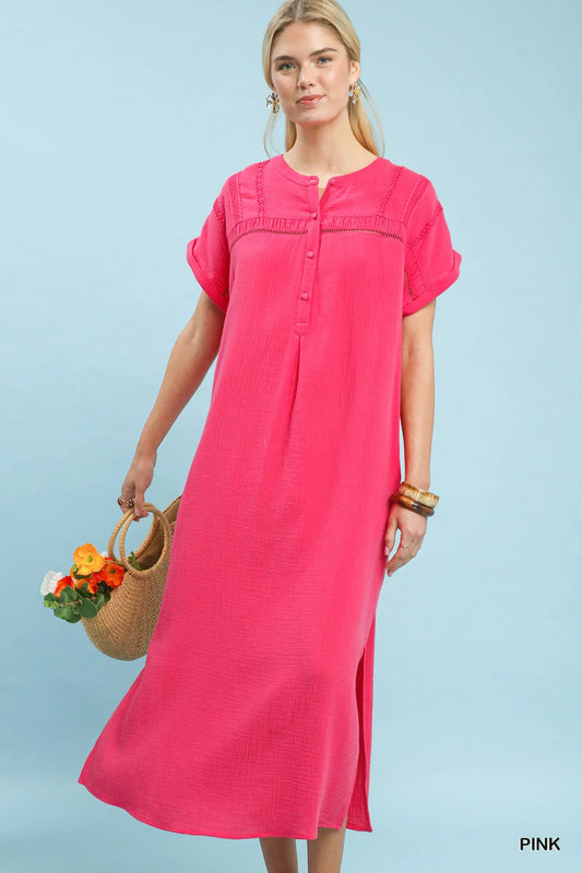 Umgee Button-Front Gauze Midi Dress with Lace Detail