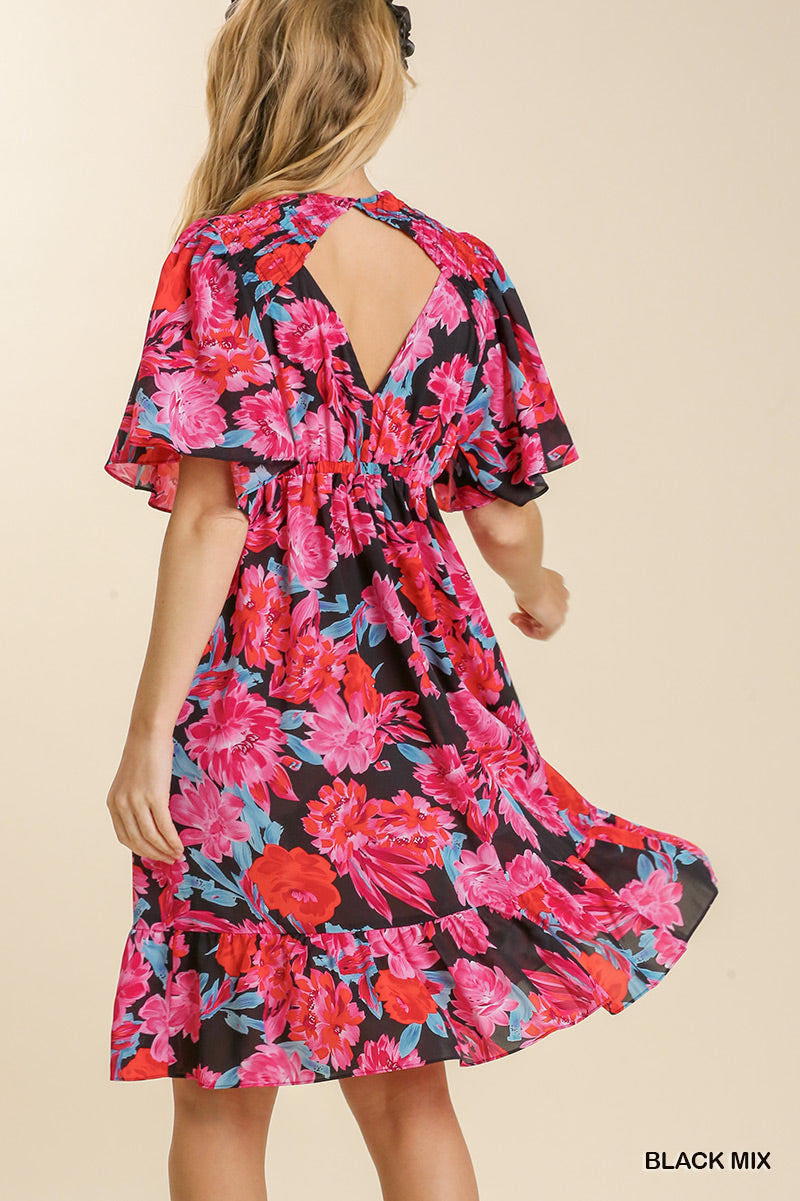 U17 Umgee Floral Print Front Tie Lace Trim Short Sleeve Dress