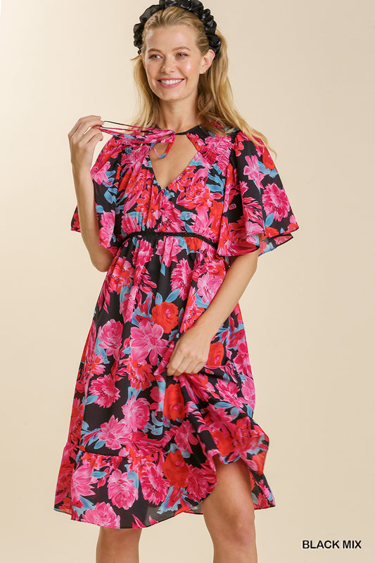 U17 Umgee Floral Print Front Tie Lace Trim Short Sleeve Dress
