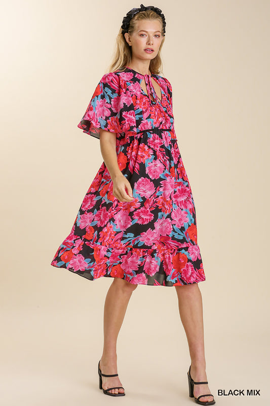 U17 Umgee Floral Print Front Tie Lace Trim Short Sleeve Dress
