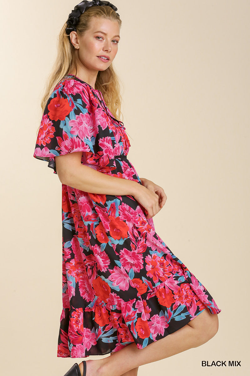 U17 Umgee Floral Print Front Tie Lace Trim Short Sleeve Dress