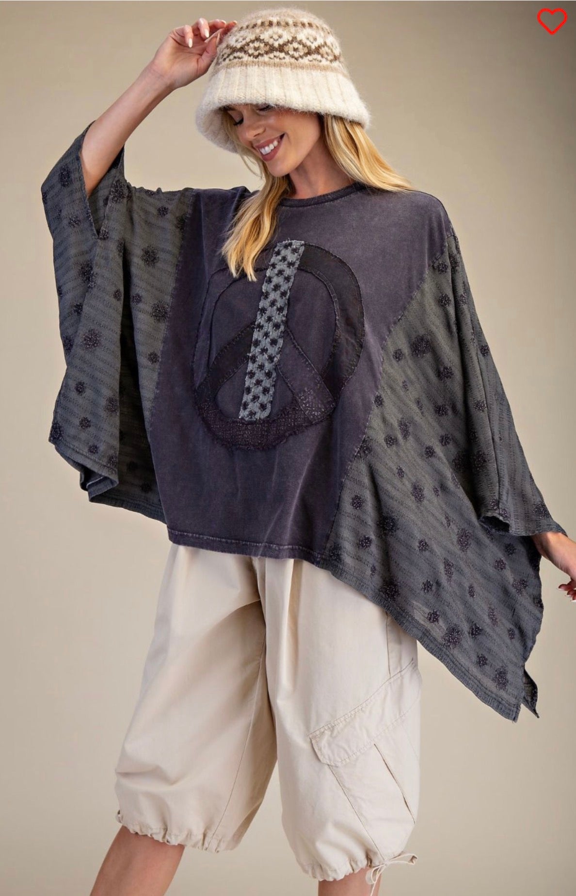 E12 Easel Black Mineral Washed Peace Sign Poncho Top