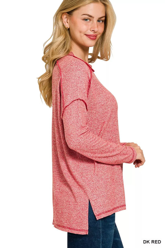 Zenana Full Size Melange Hacci Exposed Seam Hi-low Tee Plus Size