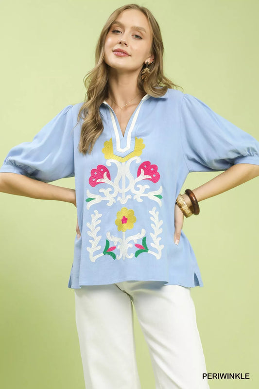 Umgee Mixed Media V-Neck Print Blouse