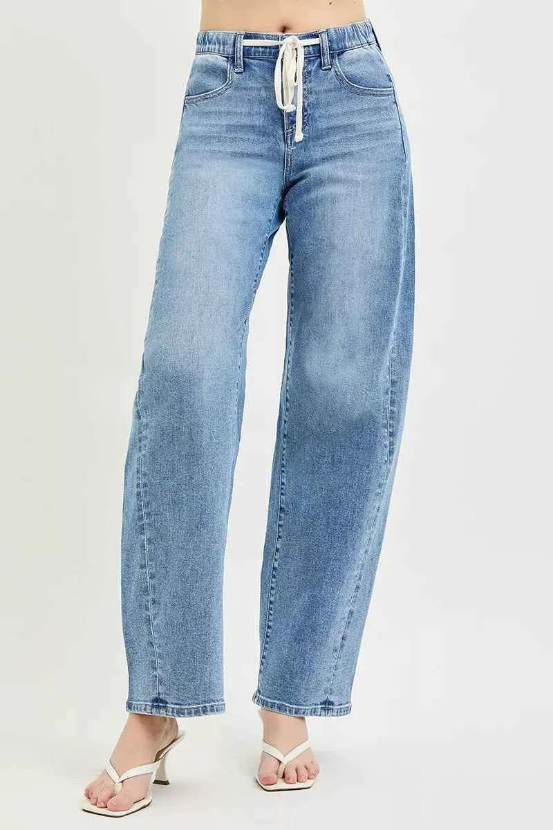 Light Wash Relaxed Fit Drawstring Waist Jeans by Risen