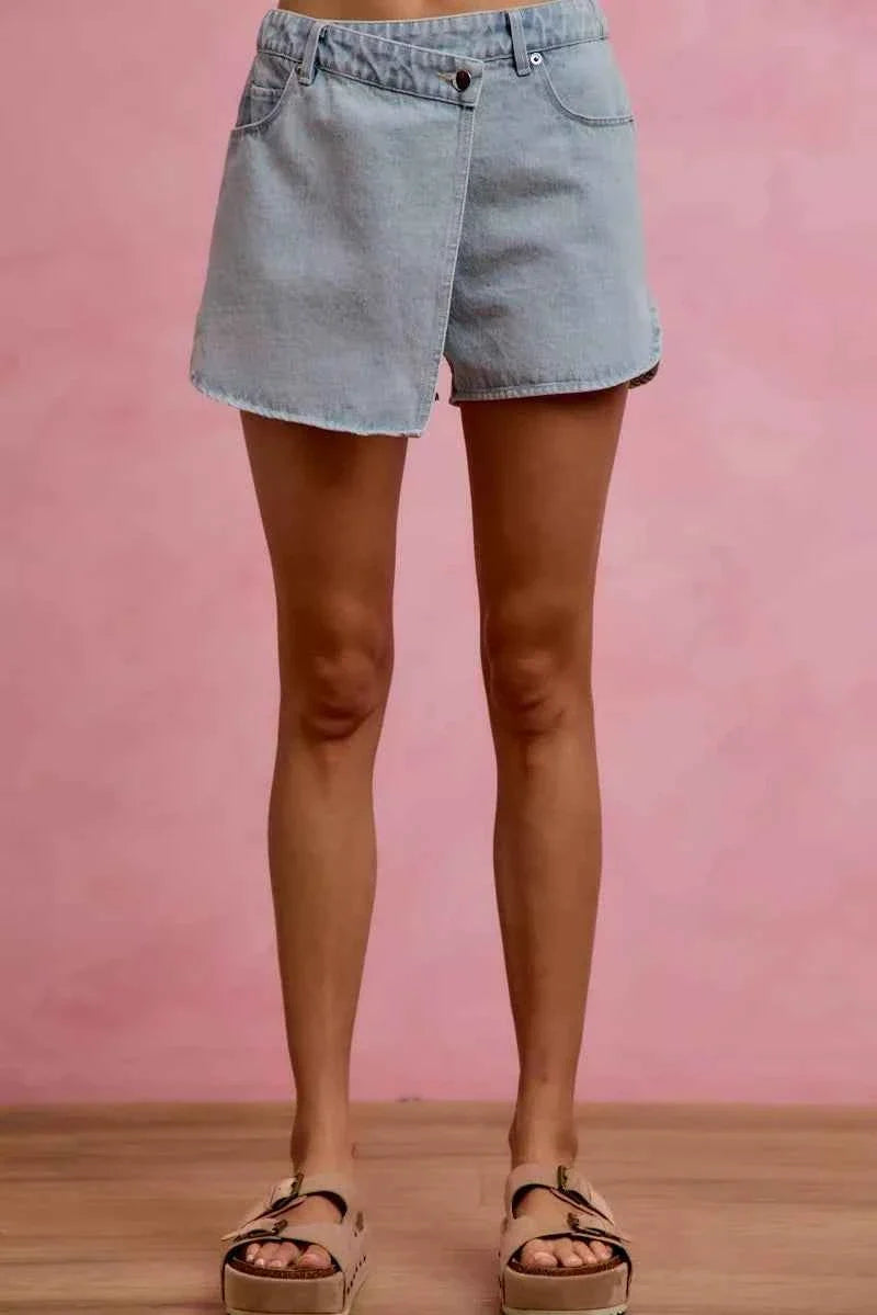Light Washed Vintage Finish Denim Wrap Skort by So Me