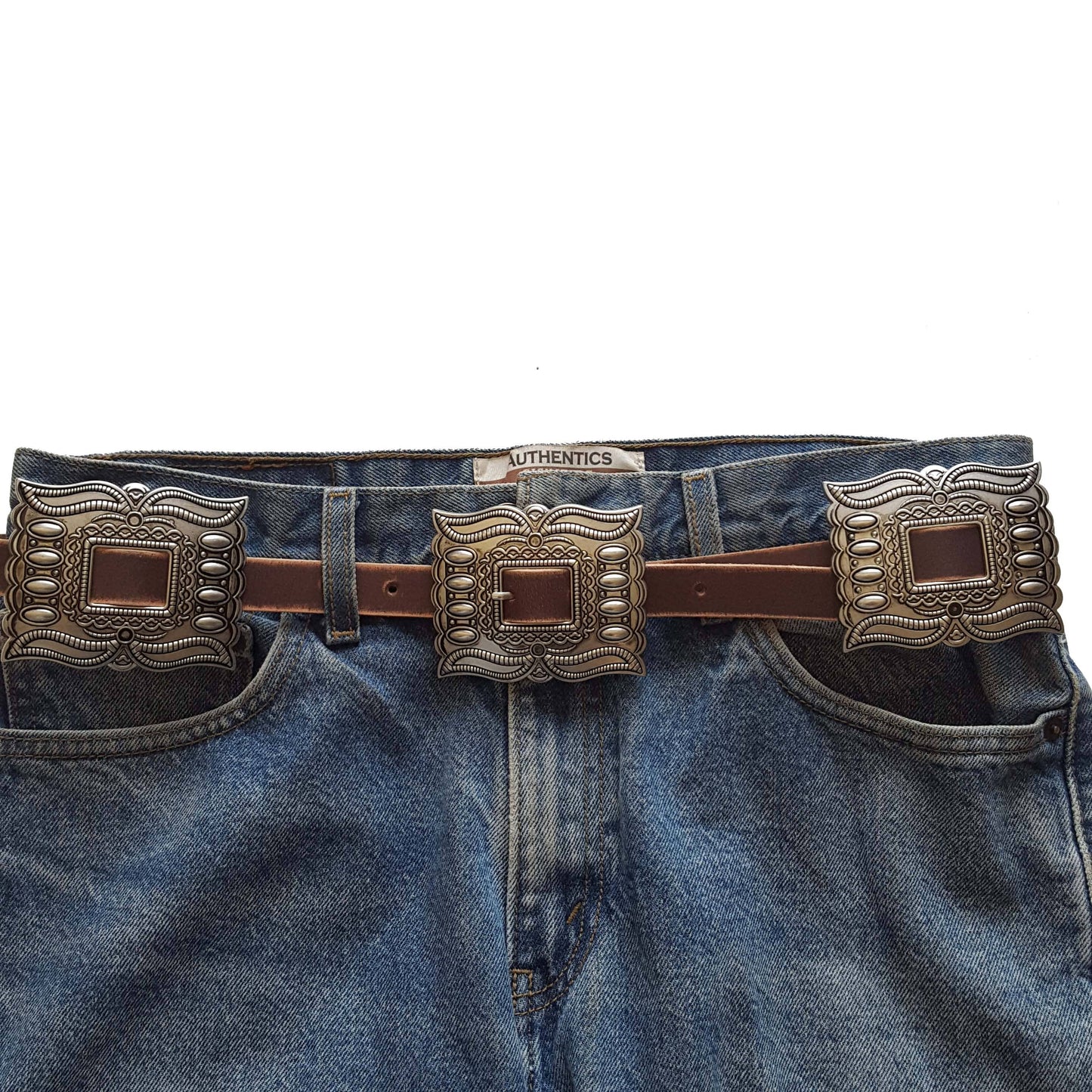 Western Silver Rectangular Concho Distressed Leather Belt — Brown or Black