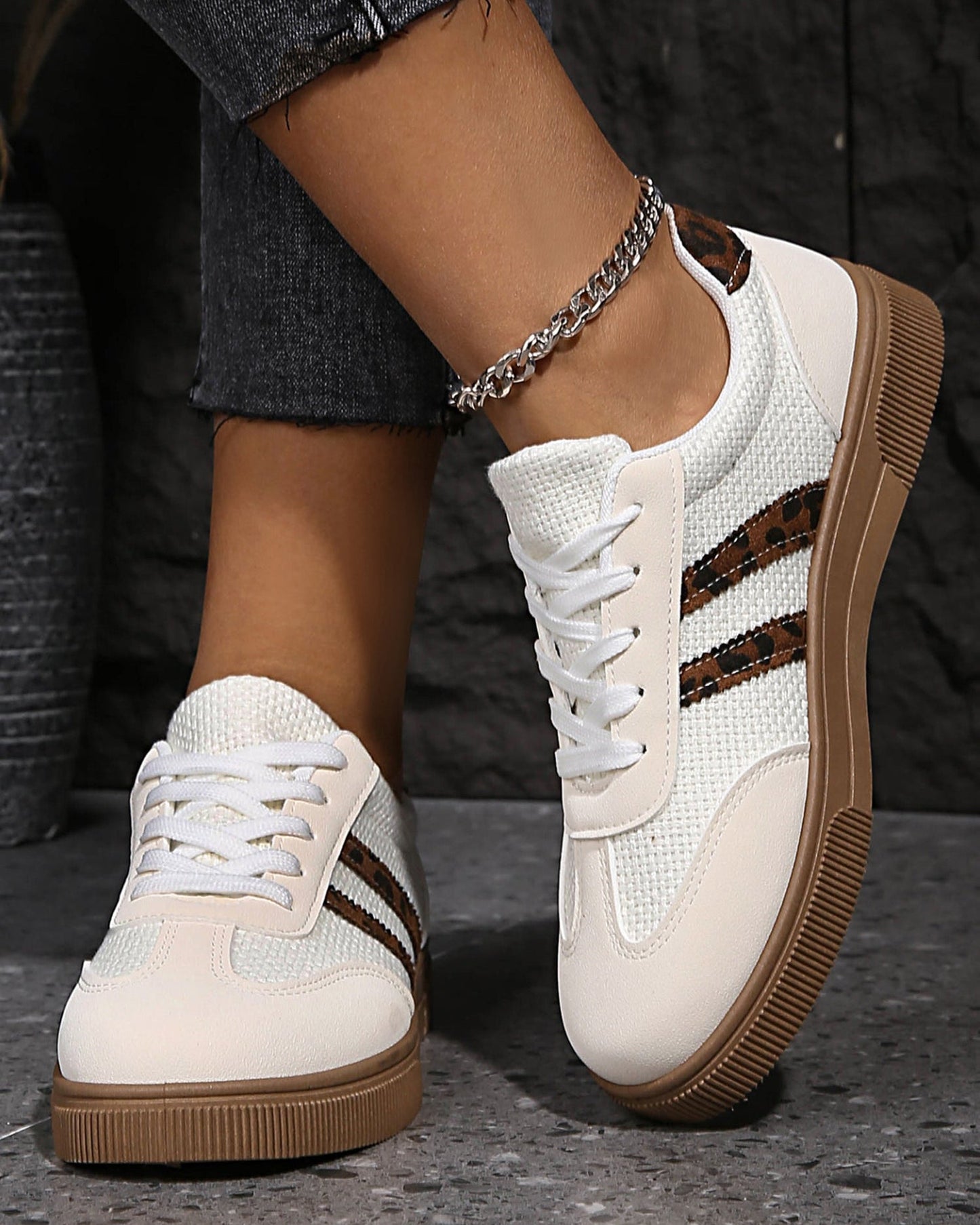 Kamari Textured Woven Leopard Patchwork Flat Sneakers