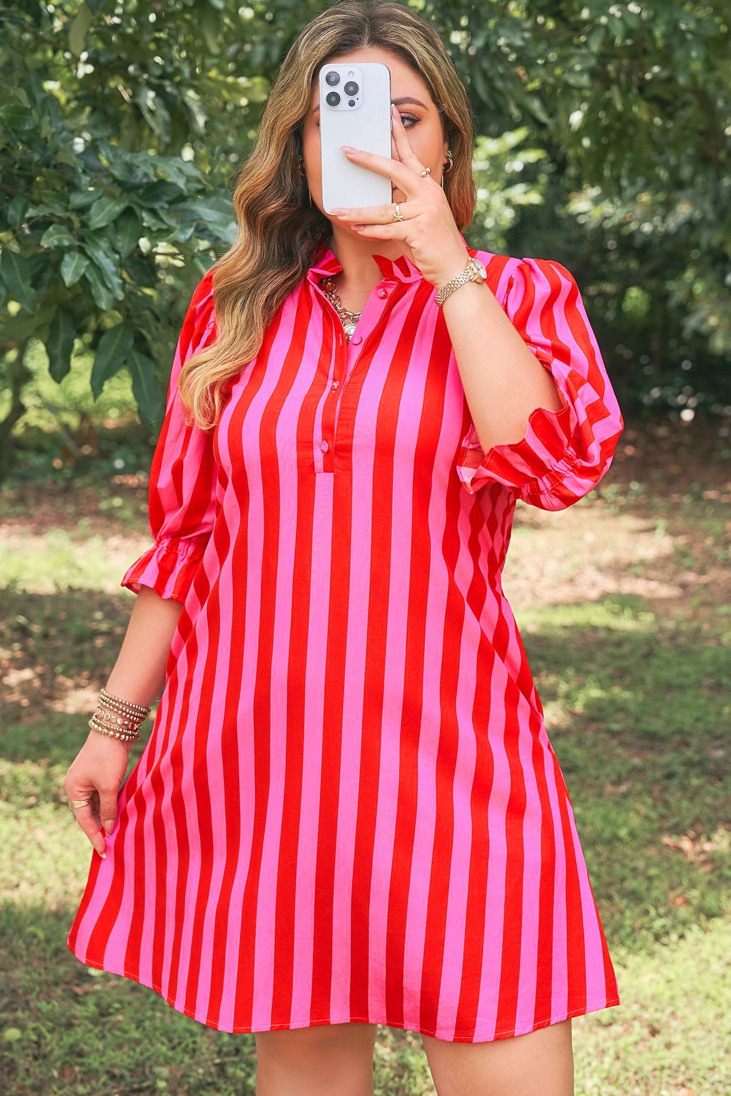Plus Size Stripe Frilled Collar Button Mini Dress