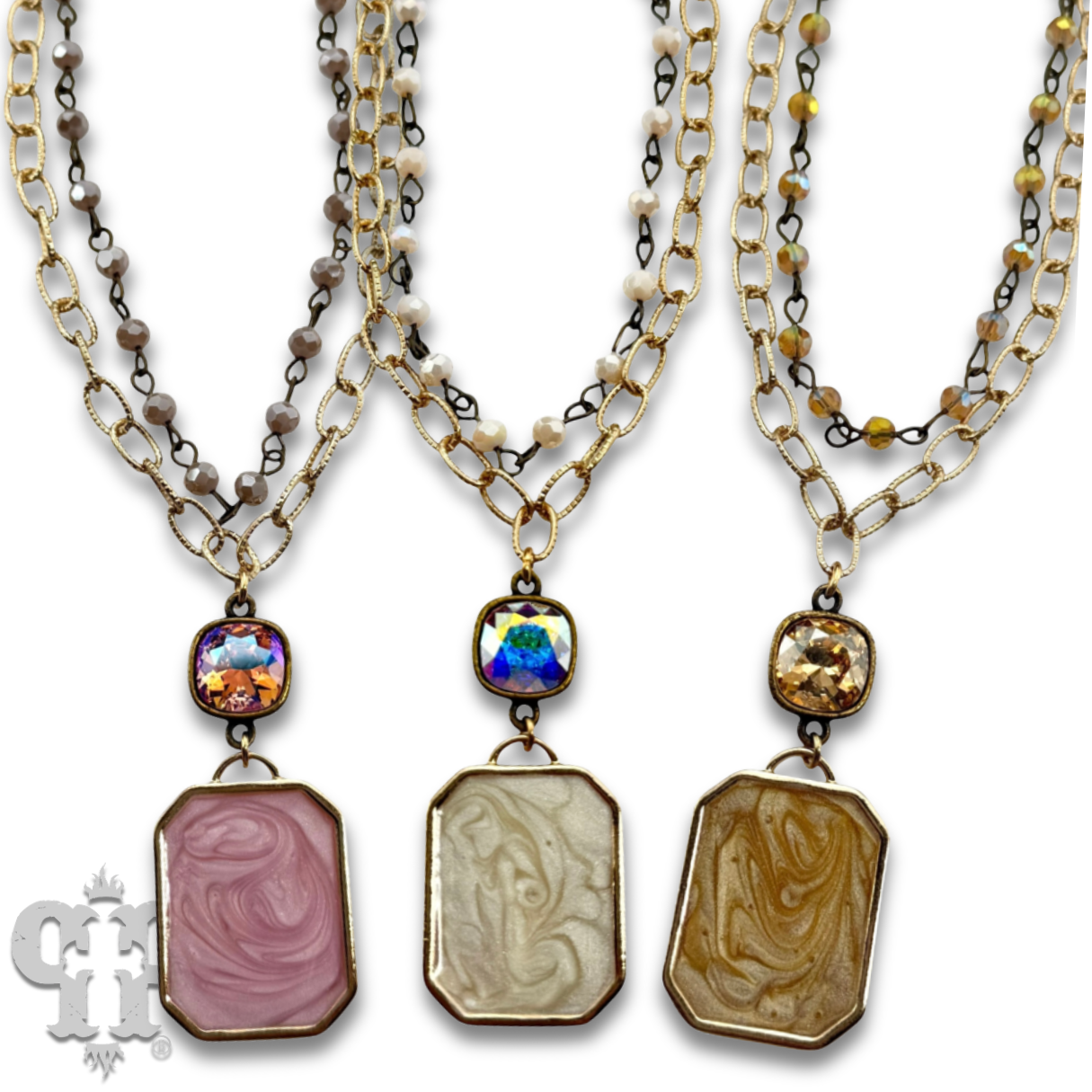 Pink Panache Brands - Double strand necklace with Austrian crystal pendant