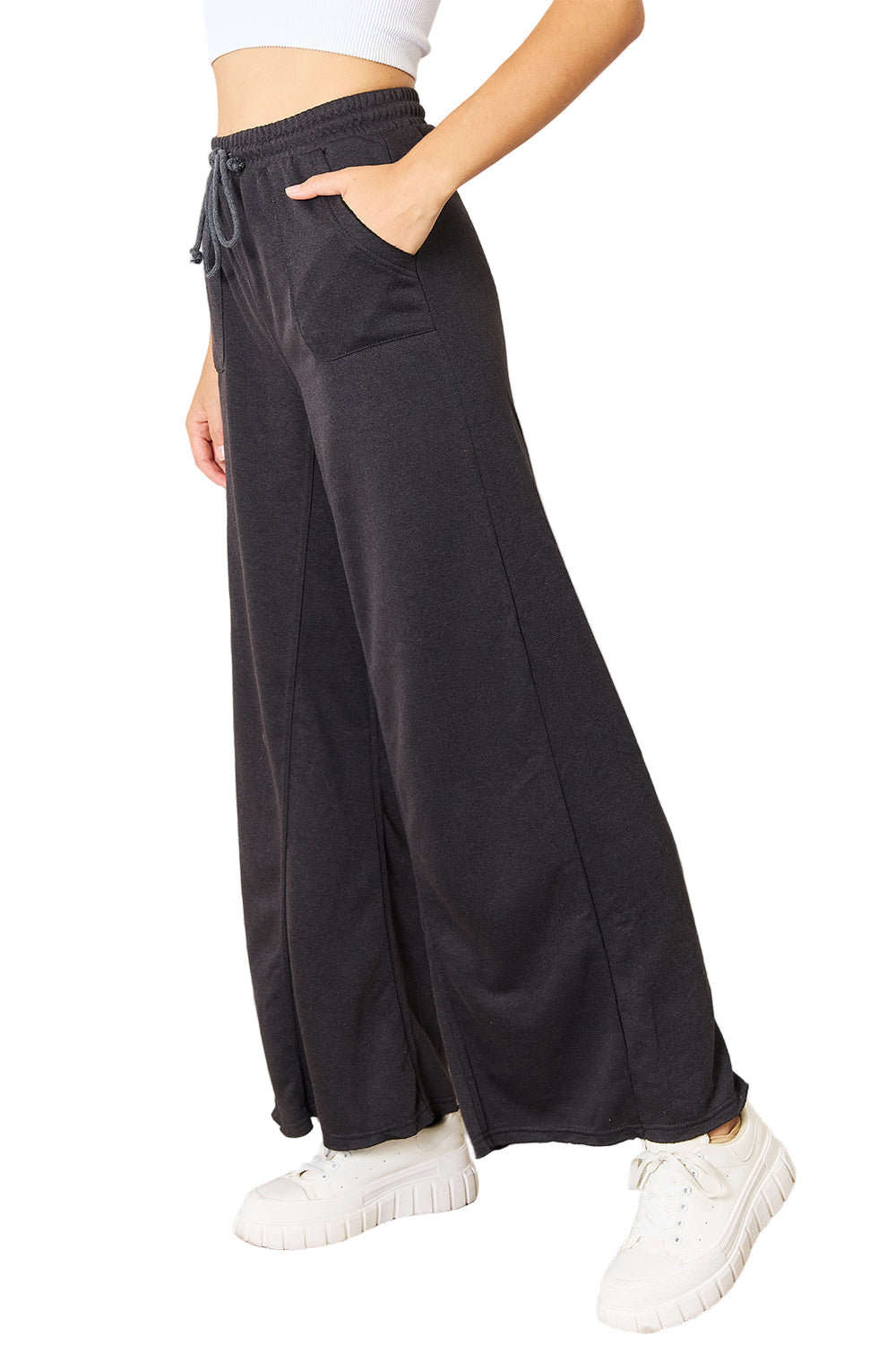 Garden Naked Women's Casual Pants Wide-Leg Drawstring Waist with Pocketed Lounge Pants Charcoal Elastic Waist