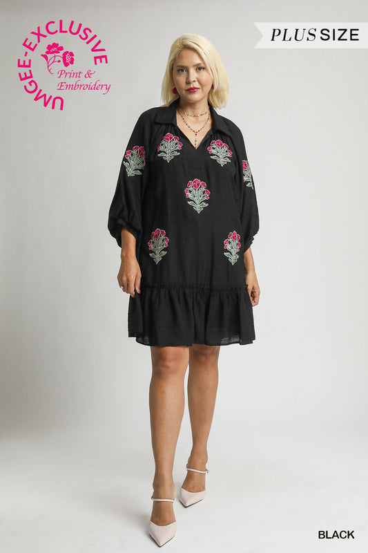 U19 Umgee Embroidered Floral Boho Ruffle Hem Dress Plus