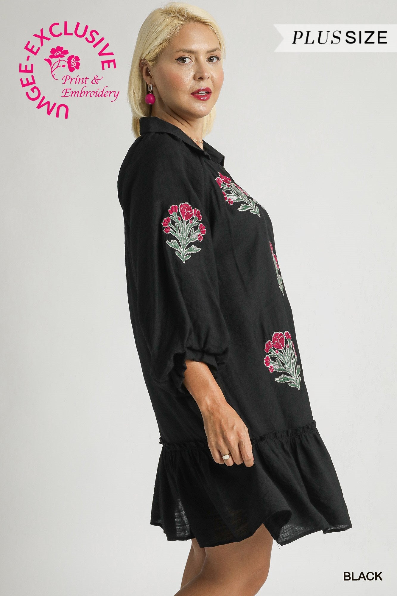 U19 Umgee Embroidered Floral Boho Ruffle Hem Dress Plus