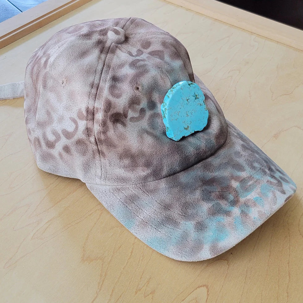 JJH1T Hand-Painted Leopard Suede Baseball Cap w/ Turquoise-Ivory