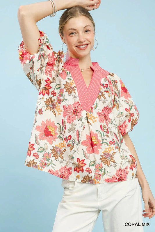 Umgee Mix Floral Puff Sleeve Blouse