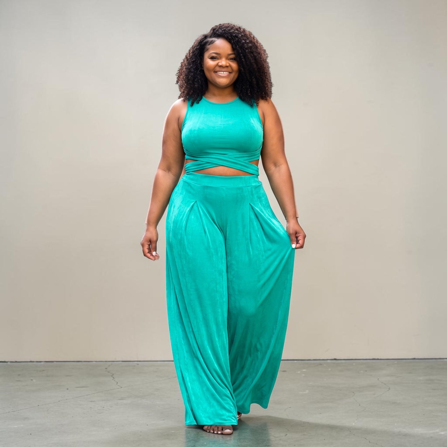 PLUS SIZE WRAP TIE CROP TOP & WIDE LEG PANTS SET