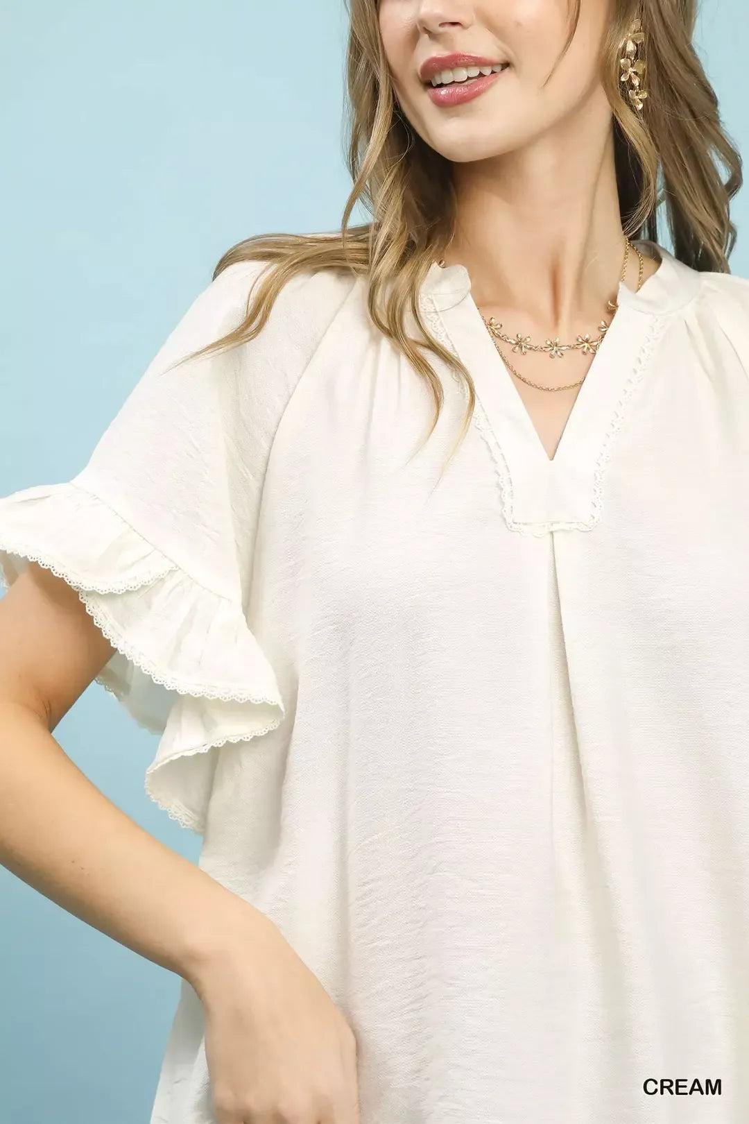 Umgee Ruffle Sleeve V-Neck Flutter Blouse