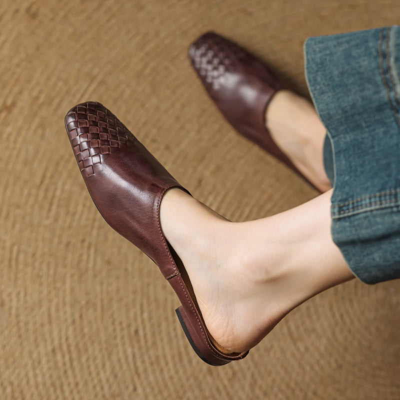 Women's Handmade Vintage Flat Leather Sandals | Cowhide Slip-On | Brown, Khaki & Black