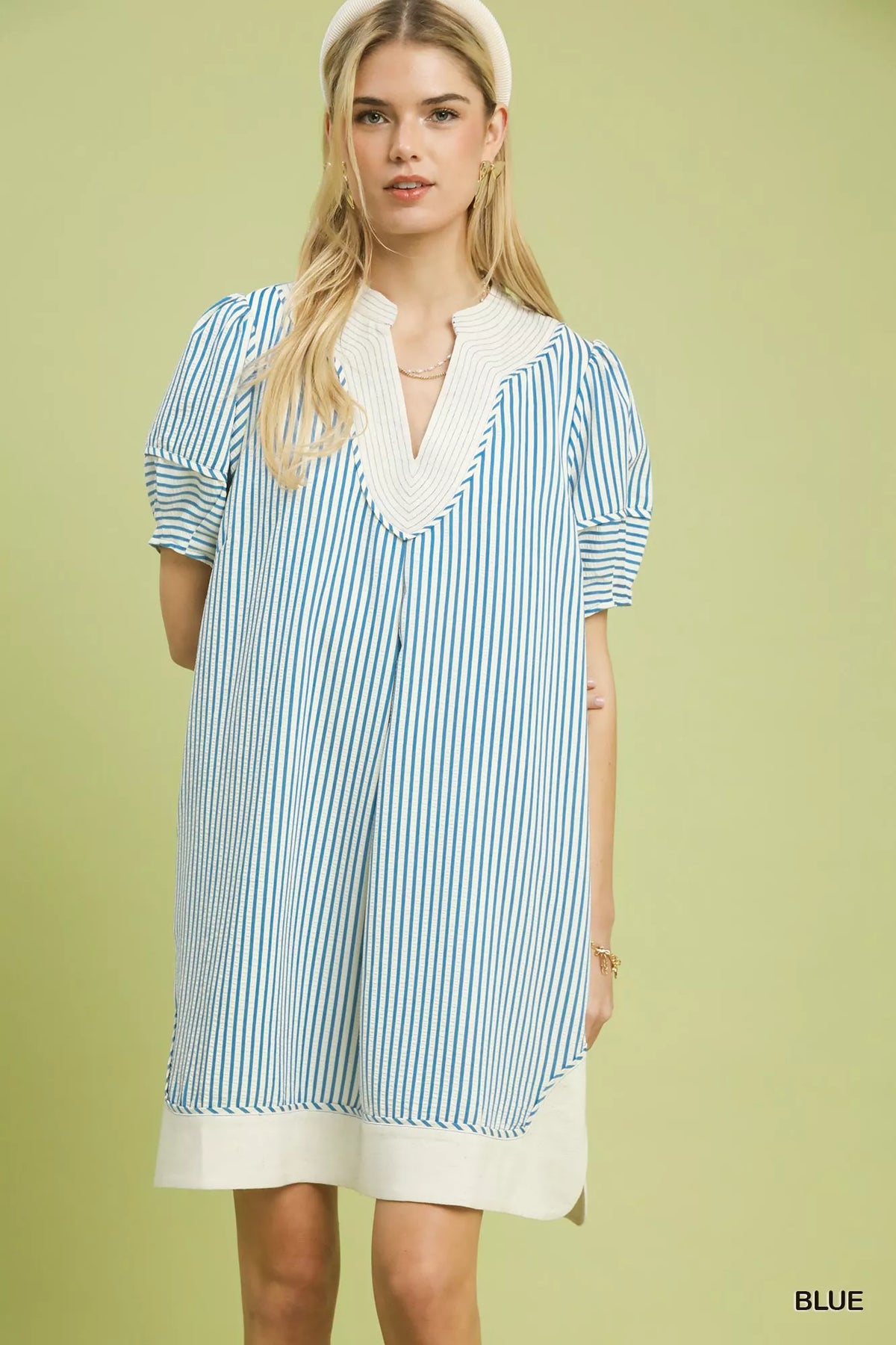 Umgee Pinstripe Shift Dress with Contrast Trim
