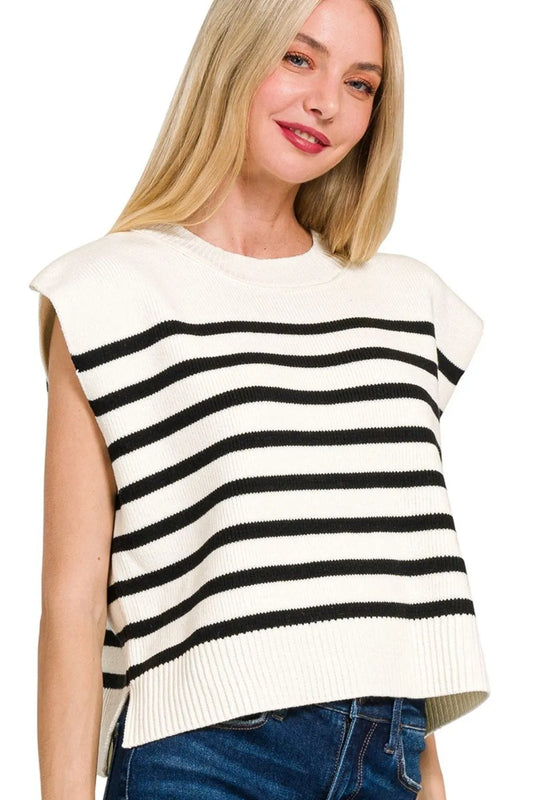 Zenana Oversized Crew Neck Stripe Sweater Vest