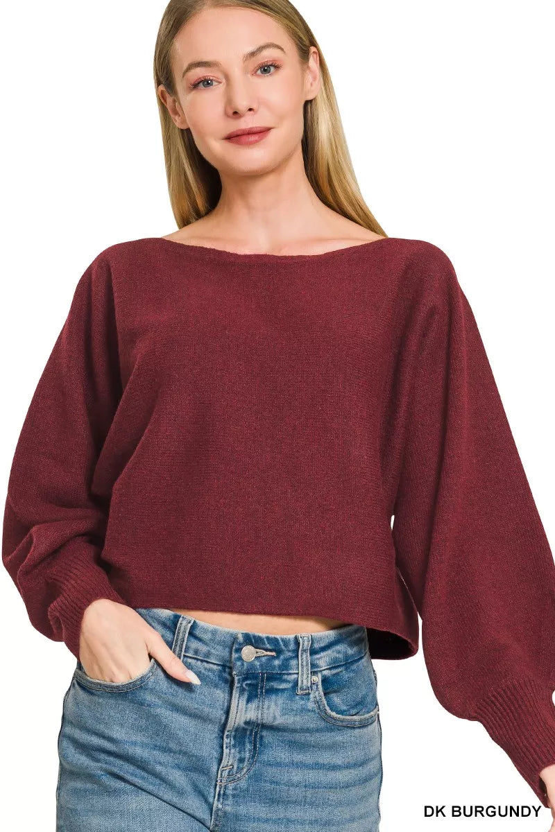 Dark Burgundy Boat Neck Balloon Sleeve Sweater by Zenana
