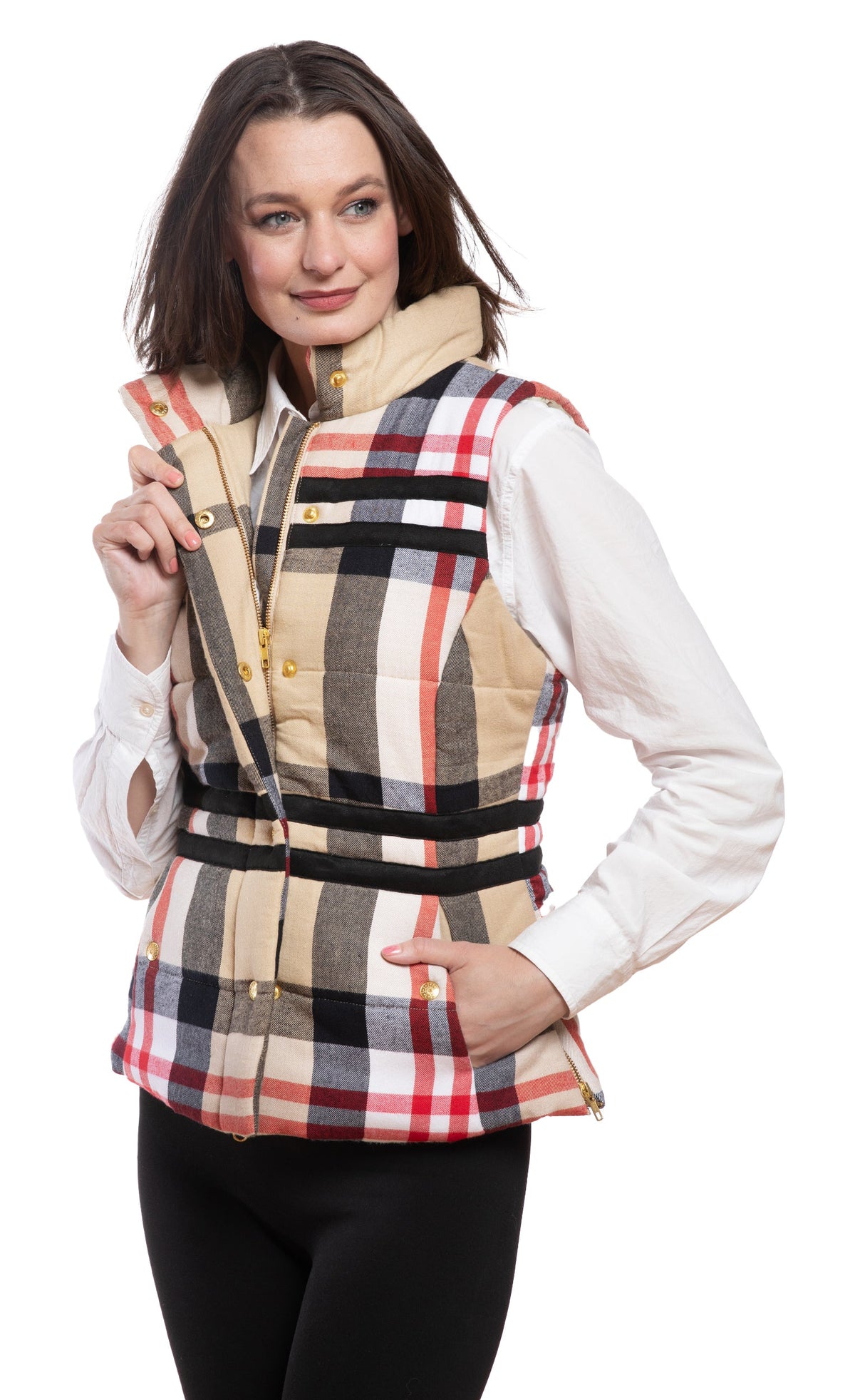 Rosey Vest Red Khaki Yarn-Dyed Plaid
