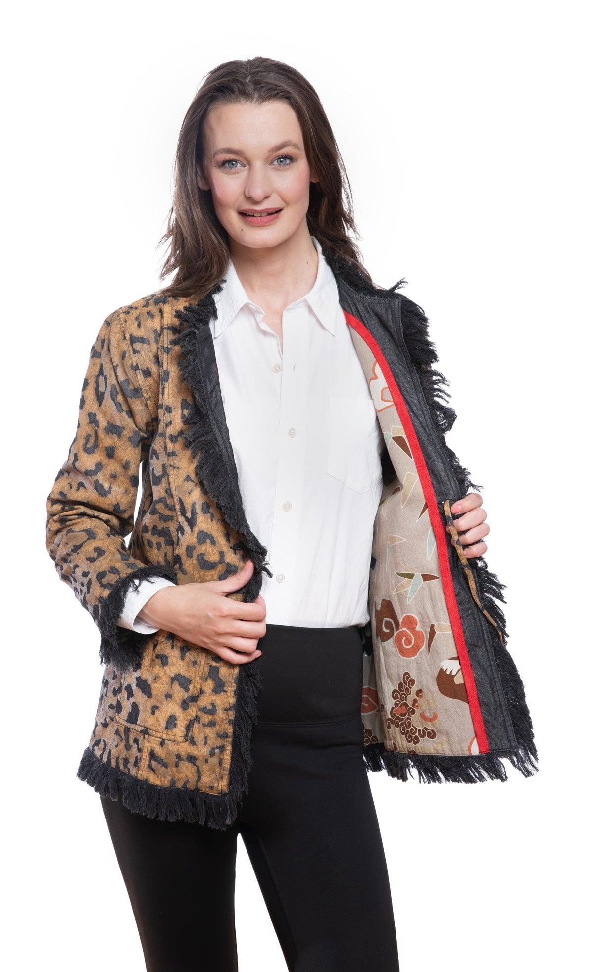 Fringed Jacket Animal Print On Denim