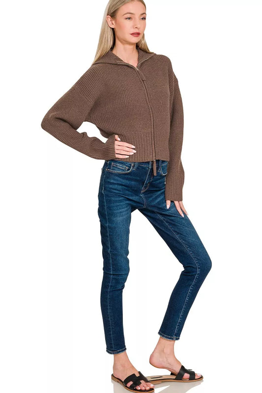 Zenana Ribbed Collared Zip Up Sweater Cardigan