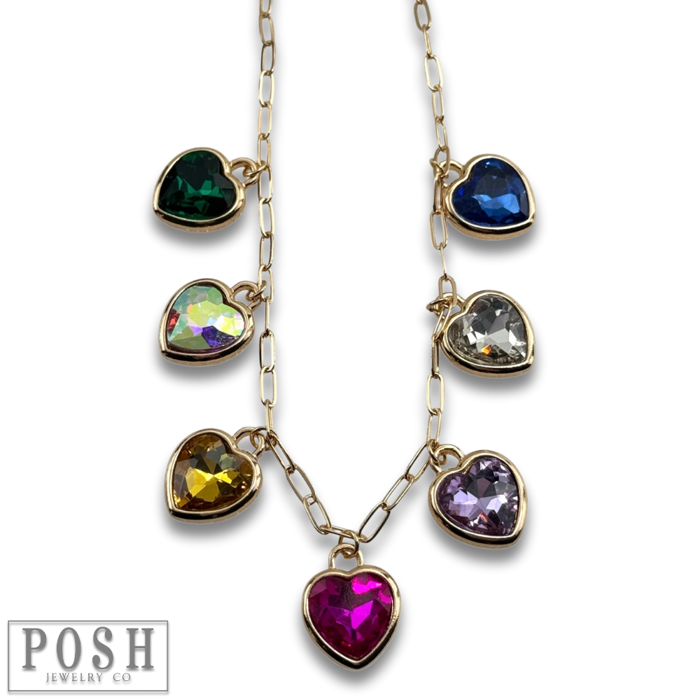 Pink Panache - Multi-color Rhinestone Heart Charm Necklace