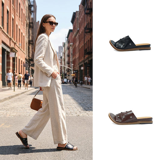 Women's Studded Leather Slide Sandals | Open Toe Flat Mules