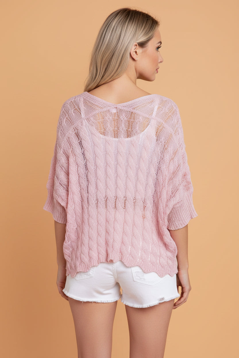 Solid Hollowed Knit Drop Shoulder Open Cardigan